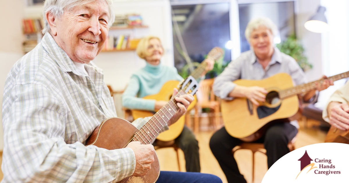 A group of seniors enjoy playing instruments together showing the impact of music for older adults.