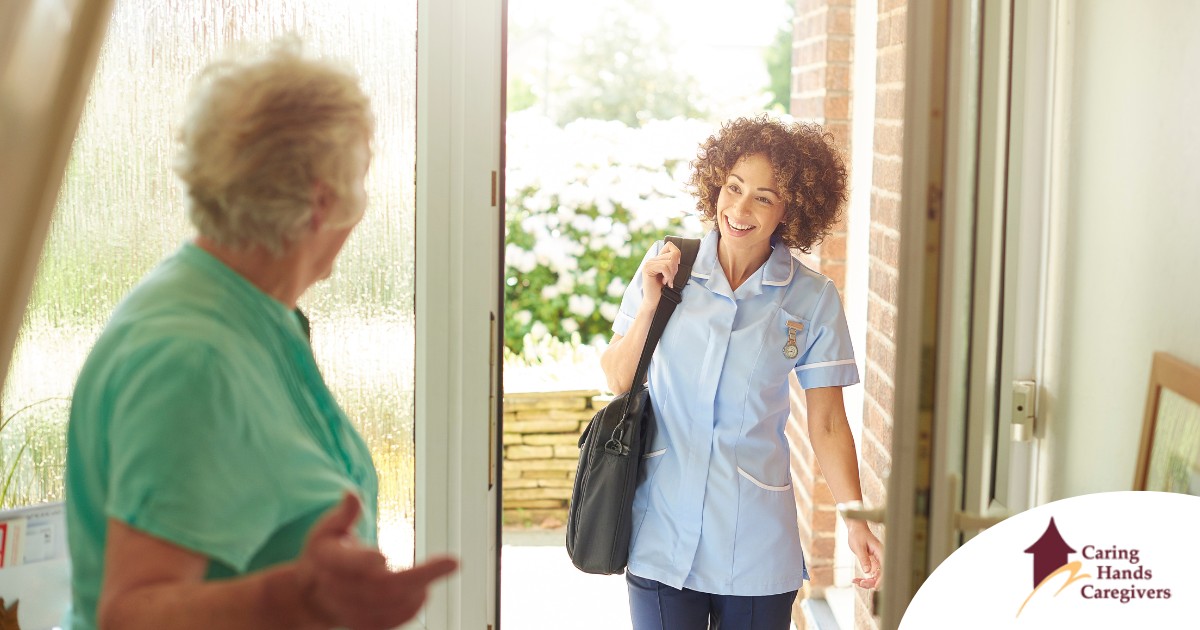 A caregiver comes in to see a client at home representing senior home care and the services offered.