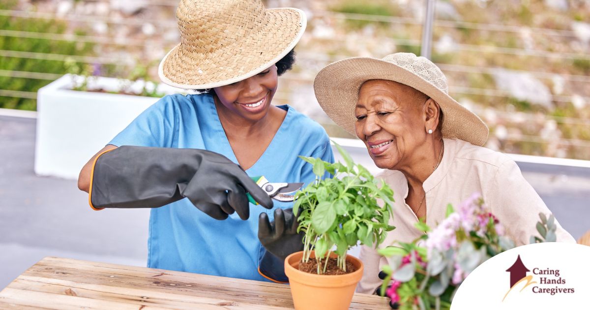 Caregiver and Senior gardening as part of companion care activities.