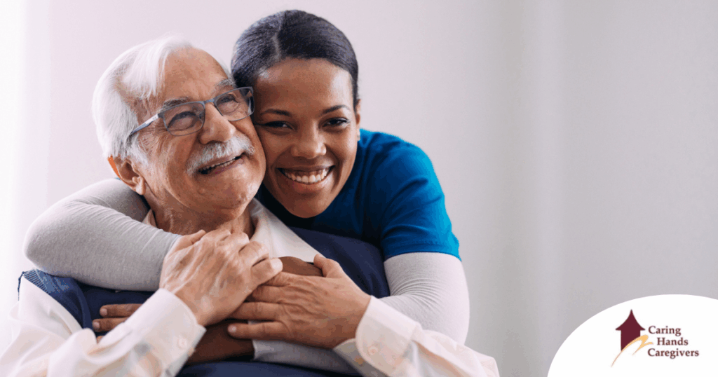 a graphic showing What a Week of Elder Care at Home Really Looks Like with a smiling caregiver and client