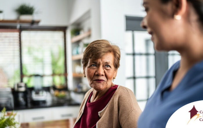 Caregiver provides attentive senior care as part of diabetes awareness