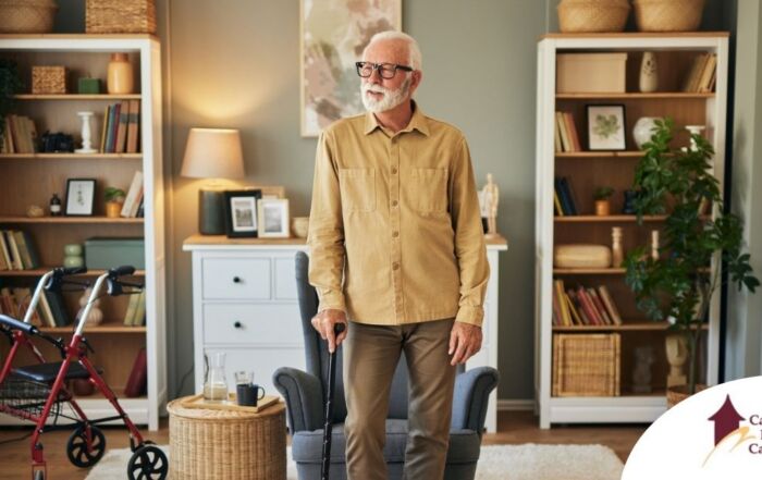 Exploring fall prevention for seniors — an elderly man stands in a safely arranged room.