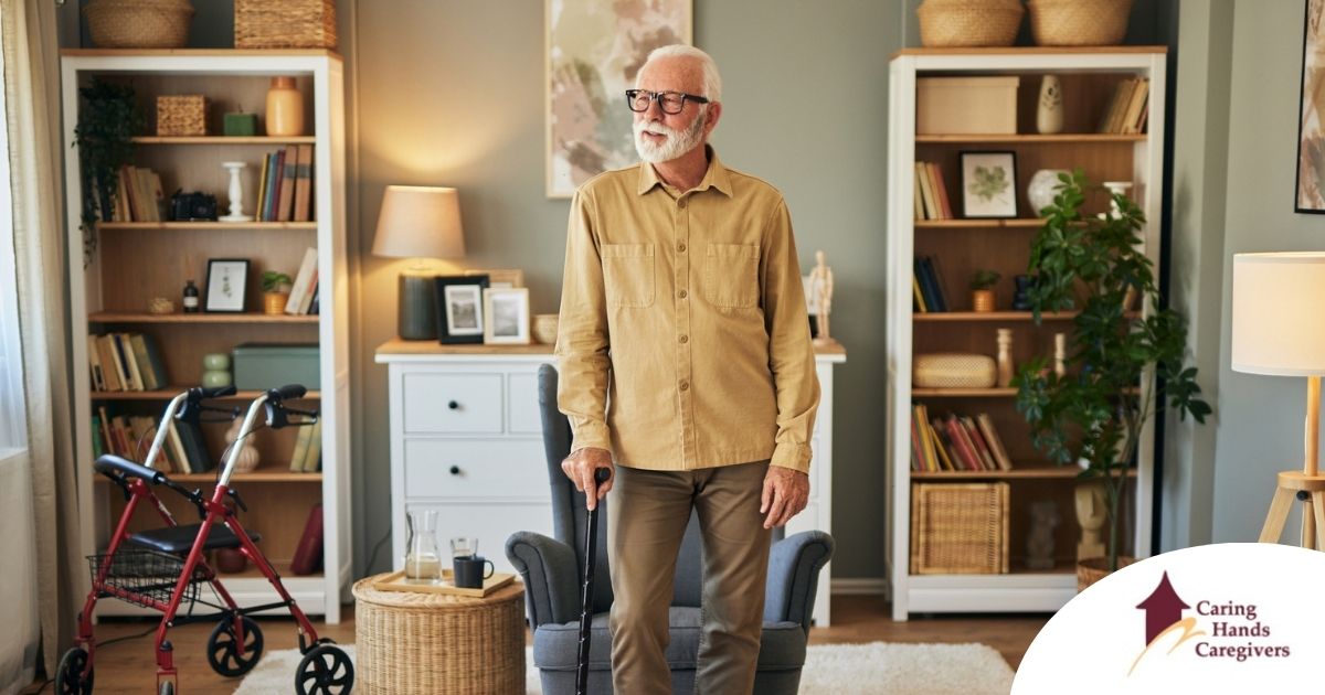 Fall prevention for Seniors Home Safety Exploring fall prevention for seniors — an elderly man stands in a safely arranged room.